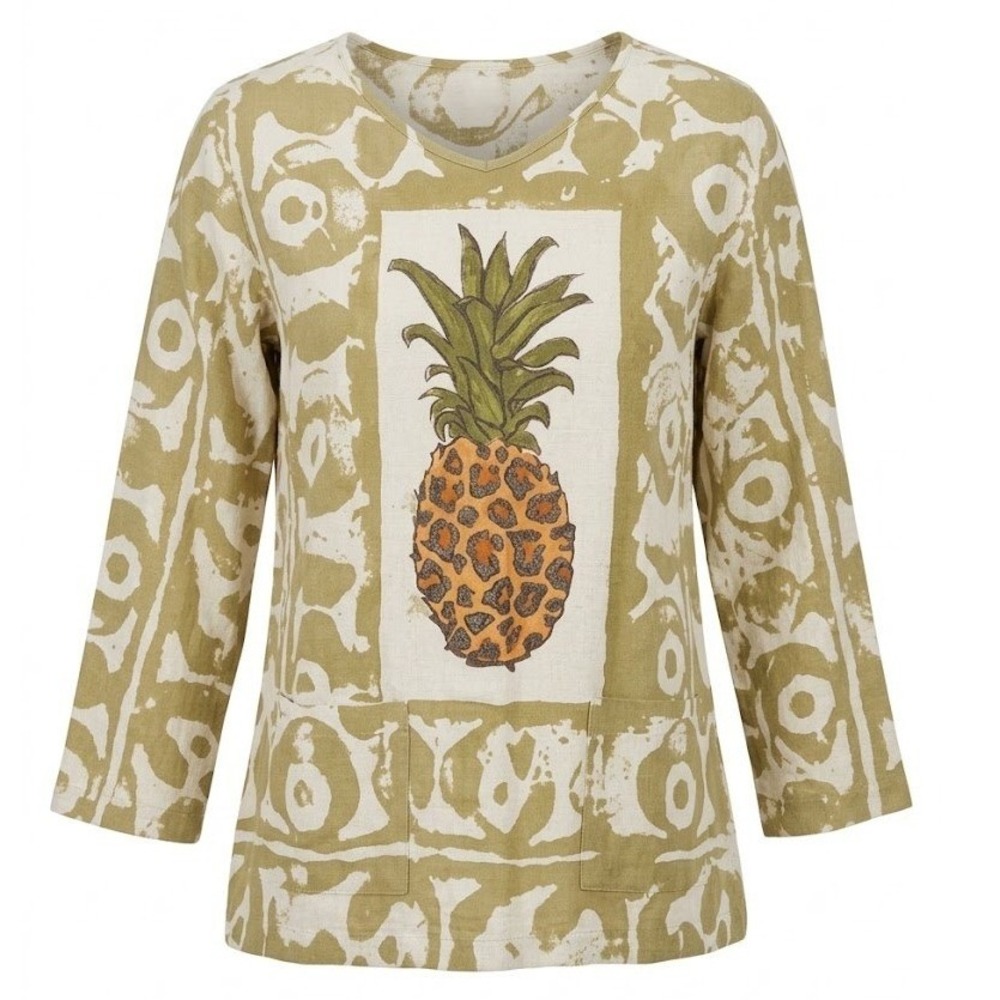 Creations by Tina Olive Green Hand Painted Pineapple Leopard Tunic Top S/M Boho